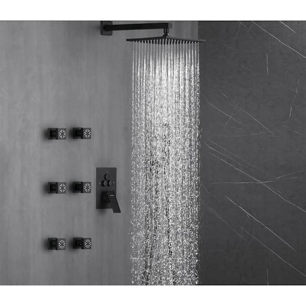 Luxury Rainfall Single Handle 2-Spray Shower Faucet 1.8 GPM with Push Button Diverter and 6-Body Jets in Matte Black