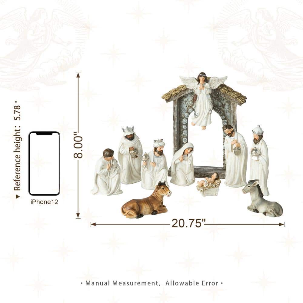 Ivory Resin Nativity Scene Set with Angel and Holy Family