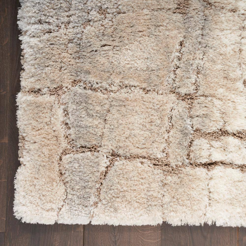 Ivory Beige Abstract Shag Synthetic Rectangular Rug 5'3" x 7'3"