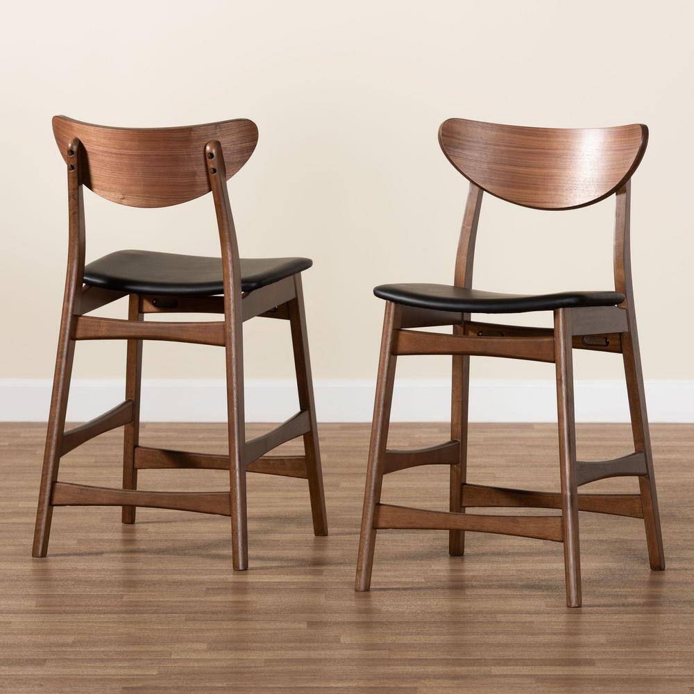 24" Modern Walnut Wood Counter Stool with Black Faux Leather