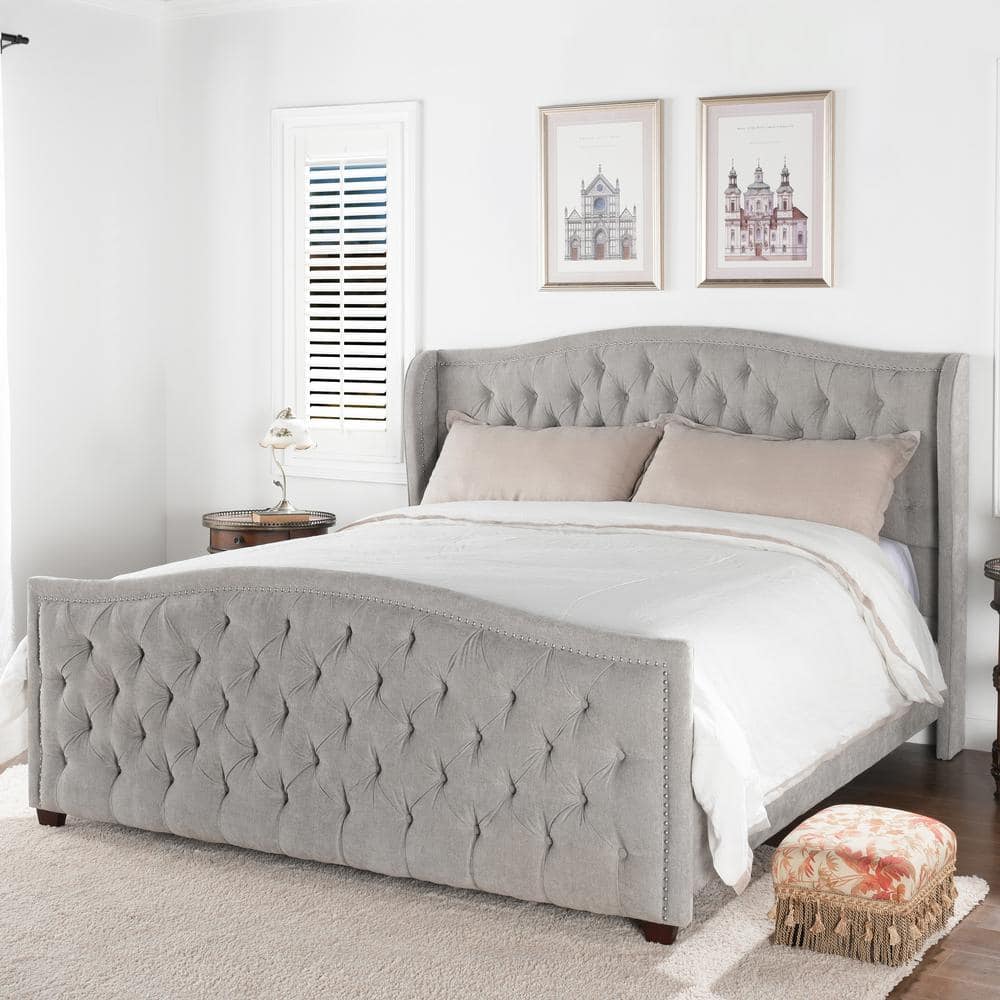 Marcella King Silver Grey Tufted Upholstered Bed with Nailhead Trim