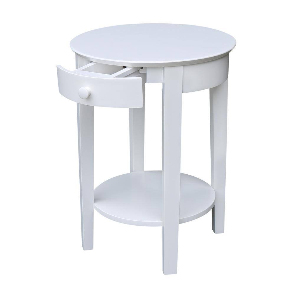 Elegant Round White Parawood Accent Table with Drawer and Shelf