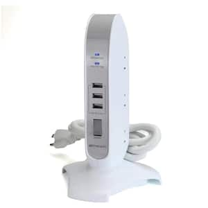 5-Outlet Charging Tower Surge Protector with 3 USB Ports, 4 ft. Cord and On/Off Switch for Efficient Device Power, White