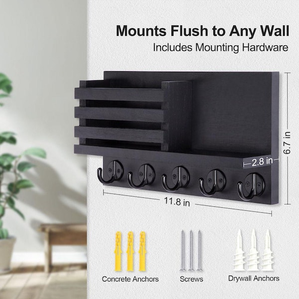 11.8 in. W x 2.8 in. D Black Key Holder for Wall, Solid Wood