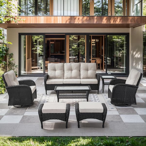 Black 7-Piece Wicker Patio Conversation Set with Swivel Rockers, Outdoor Sofa Seating Set with Olefin Beige Cushions