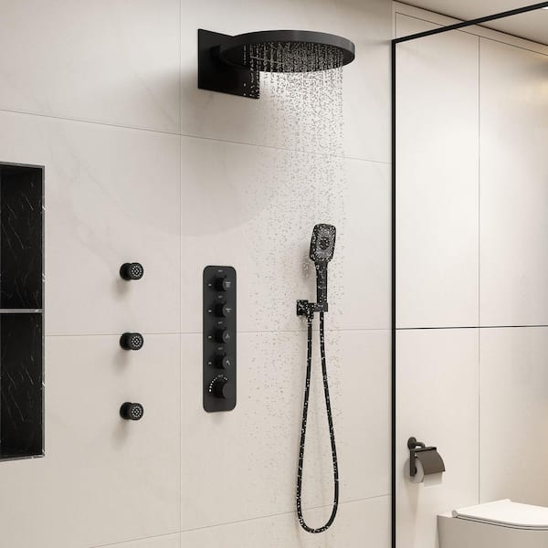 Thermostatic 6-Spray Wall Mount Dual Fixed and Handheld Shower Head with 3-Body Jets in Matte Black (Valve Included)
