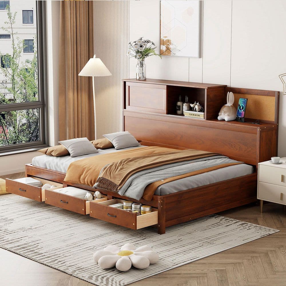 Walnut Full Size Wood Daybed with 3 Drawers, Sockets and USB Ports