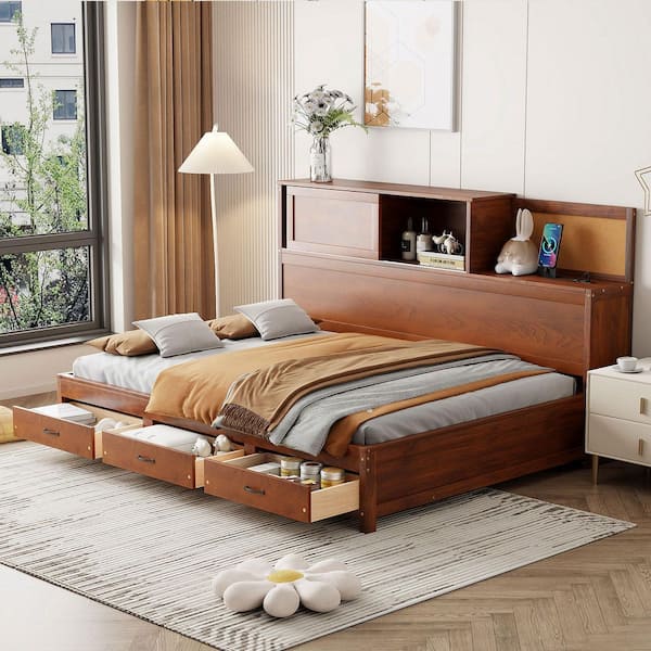 Walnut Full Size Wood Daybed with 3 Drawers, Sockets and USB Ports