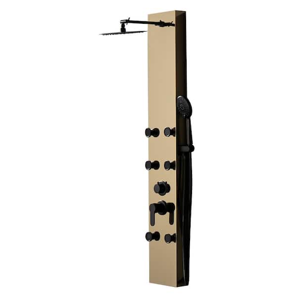 HOMEMYSTIQUE Dual 3-in-1 6-Jet Rainfall Shower Panel Tower System with Rainfall Waterfall Shower Head and Shower Wand in Black Gold