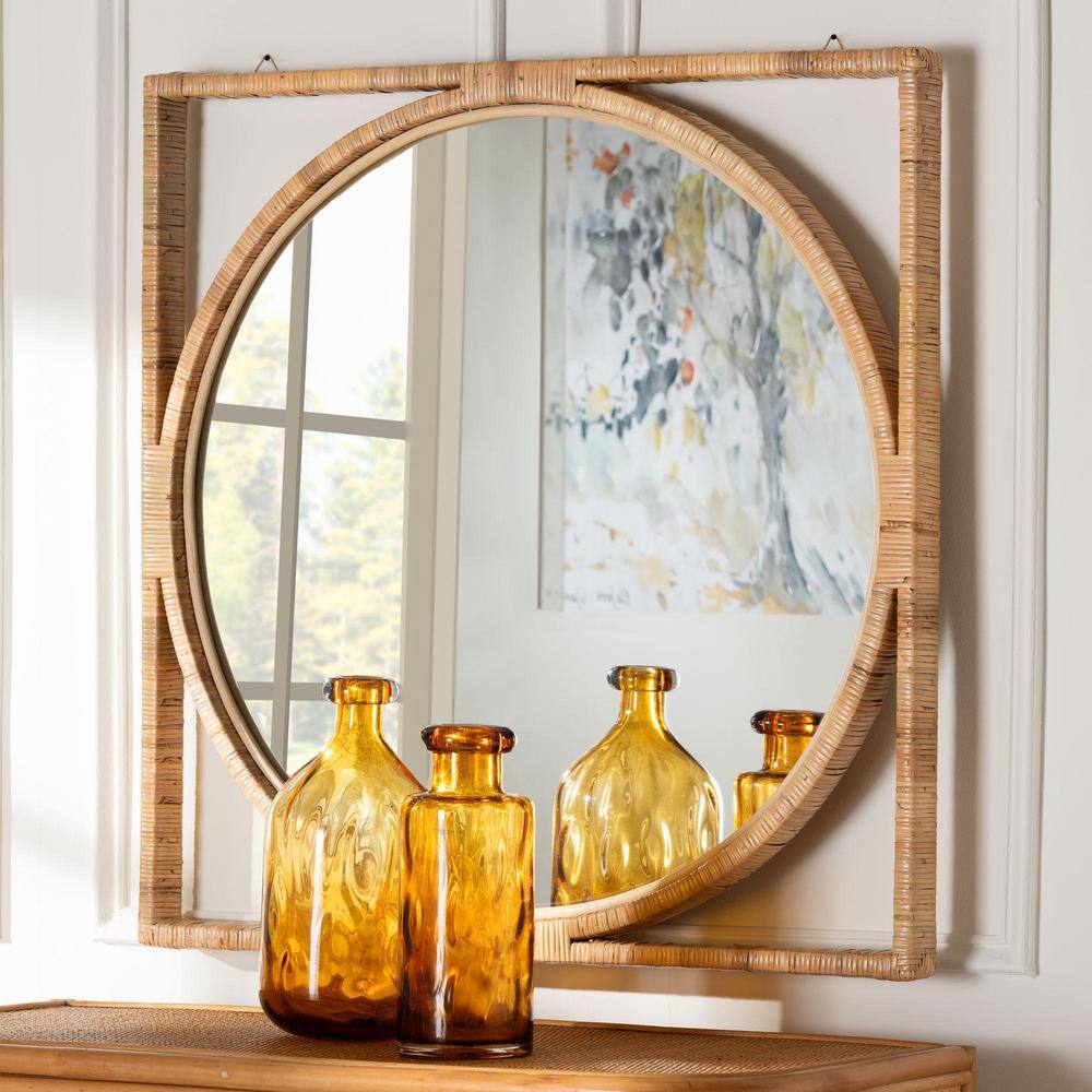 Natural Rattan and Mahogany Wood Square Wall Mirror