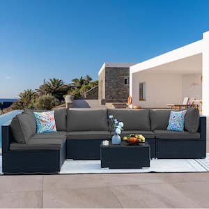 Black Frame 7-Piece Wicker Patio Conversation Set with Grey Cushions Pillows and Glass Table