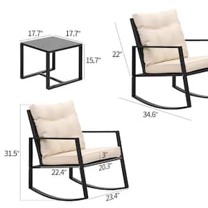Black 3-Piece Wicker Outdoor Bistro Set Rocking Chairs with Beige Cushion