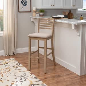 Roman 31 in. Seat Height Grey-Wash High Back Wood Frame Ladder Bar stool with Beige Fabric Seat 1 Stool
