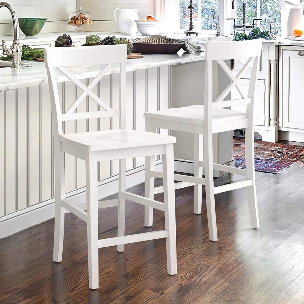 White Wood X-Back Counter Height Bar Stools Set of 2