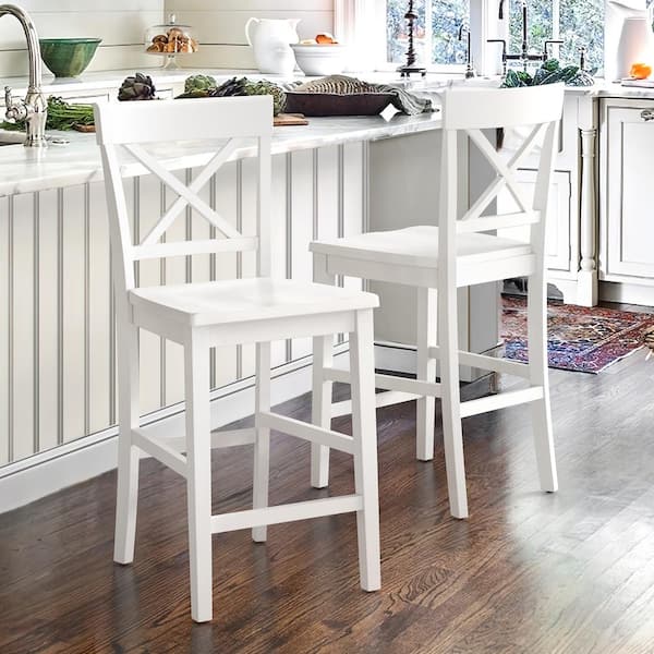 cozyman Ionia 24 in. White Wood Counter Height Bar Stool (Set of 2)