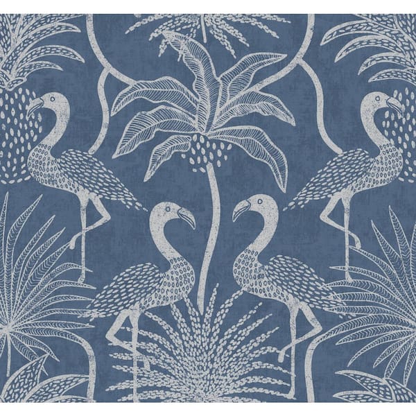 A-Street Prints Biscayne Navy Blue Flamingo Beach Wallpaper Sample