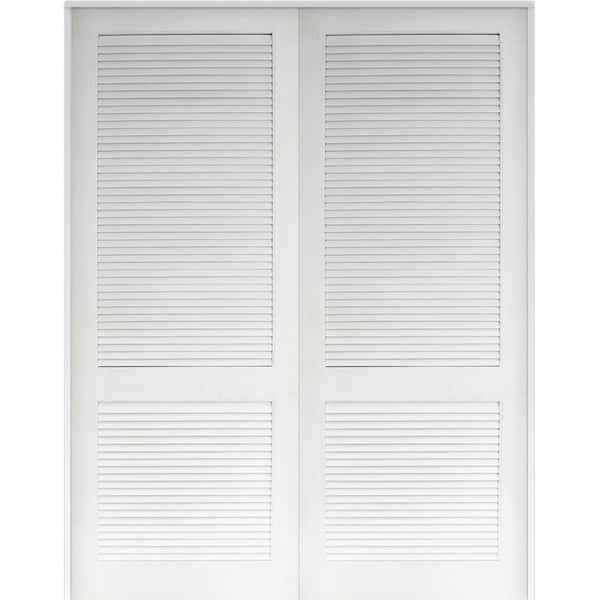 Krosswood Doors 56 in. x 96 in. Hybrid Core Primed MDF Composite Louvered Double Prehung Universal Interior French Door with Ball Catch