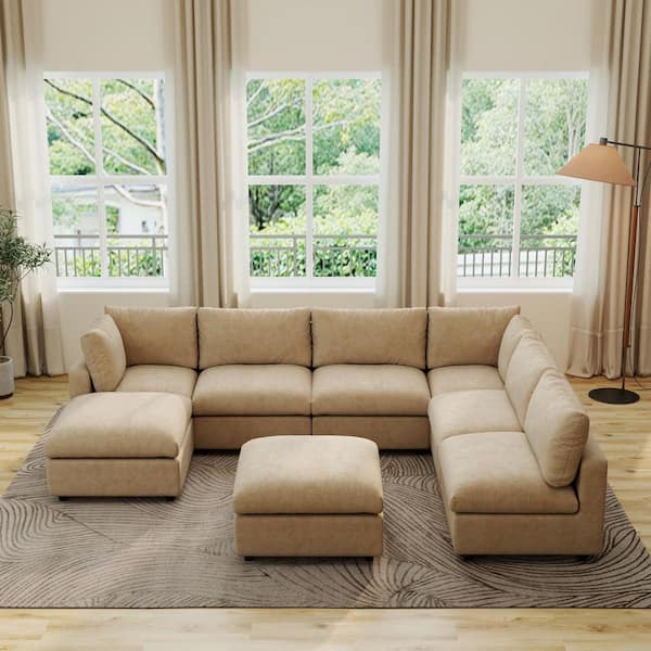Magic Home Sofa Covers Washable, 134 in. Square Arm 8-Piece Chenille Modular Sectional Sofa with Ottomans,Solid Wood Frame in Khaki MH-ST-142KH-6+2