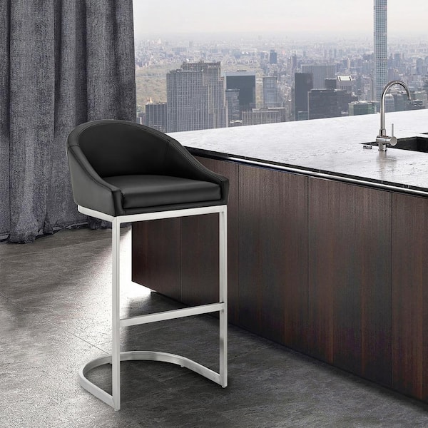 Armen Living Katherine 26 in. Black Low Back Metal Counter Stool with Faux Leather Seat