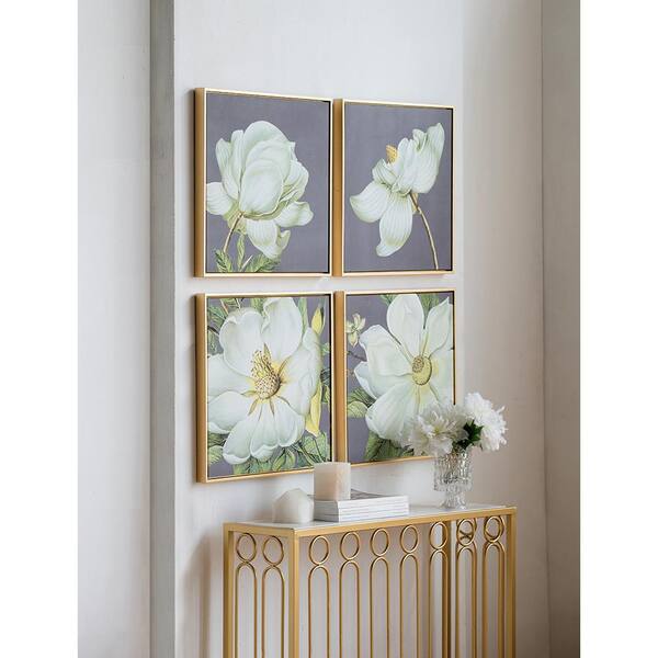 Framed Art Print 20 in. x 20 in. White and Gold Botanical Wall Art