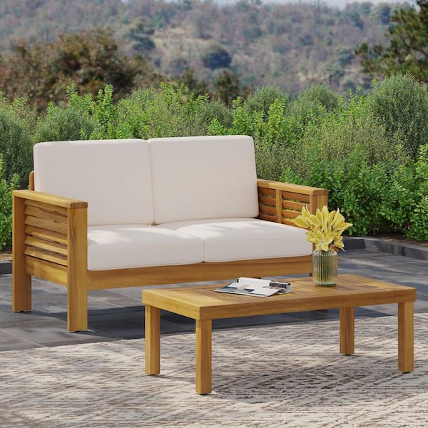 Coporesell 2-Piece Acacia Wood Patio Conversation Set with Beige Cushions