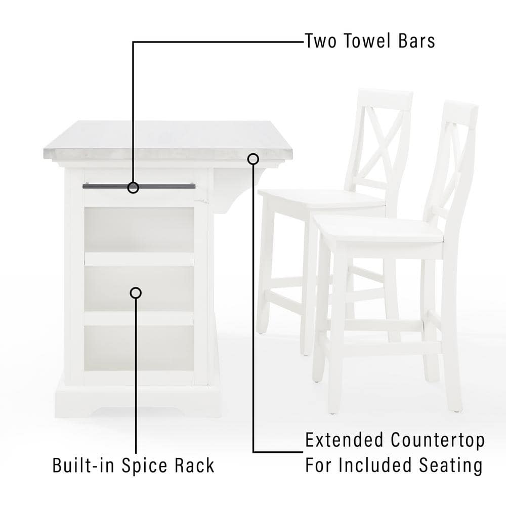 Julia 50'' White and Stainless Steel Kitchen Island Set with Stools
