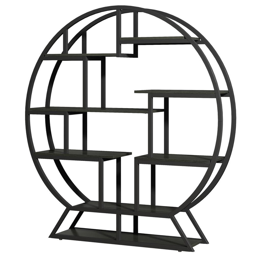 Industrial Black Round Wood Bookshelf with Staggered Shelves