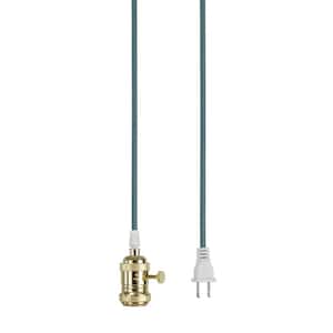 1-Light Polished Brass Vintage Plug-in Hanging Socket Pendant Fixture with Navy Blue Cord