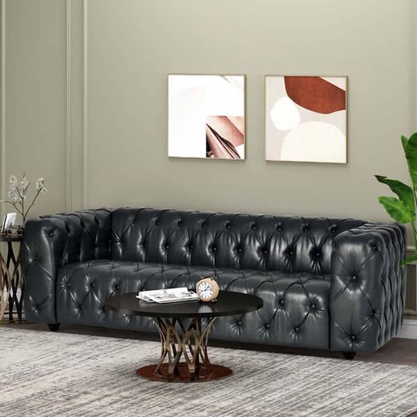 83.5 in. W Square Arm Faux Leather Rectangle 3-Seat Sofa in. Black with Solid Wood Legs, Button-Tufted Design