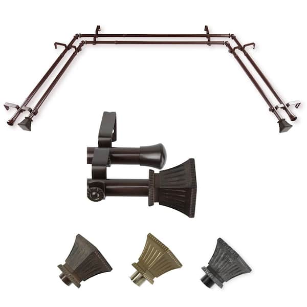 EMOH 13/16" Dia Adjustable 20"-36", 38"-72" Bay Window Double Curtain Rod with Mateo Finials in Cocoa