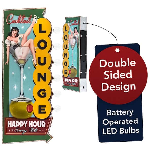 Vintage Metal LED Marquee Sign Cocktail Lounge Happy Hour Every Nite Sign 23.75 in. x 9 in. x 3 in.