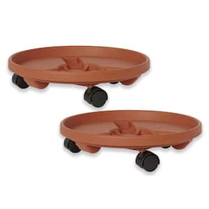 Caddy Round 14 in. Terra Cotta Plastic Plant Stand Caddy with Wheels (2-Pack)