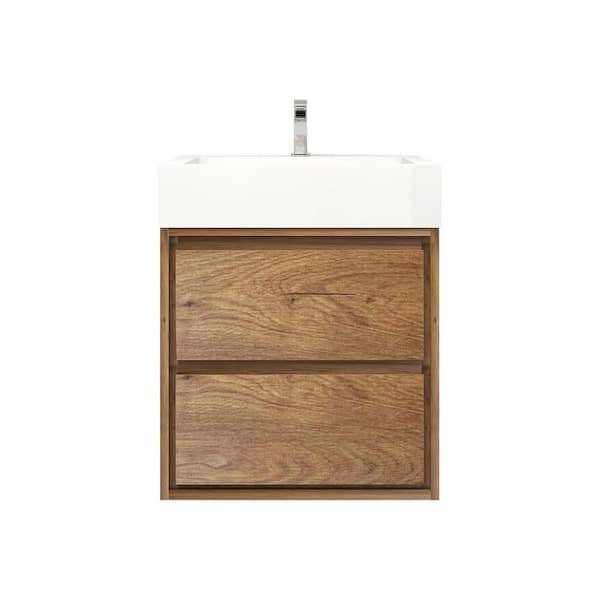 Saggie 24 in. W x 20 in. D x 28 in. H Single Sink Floating Bath Vanity in Teak Oak with White Acrylic Top