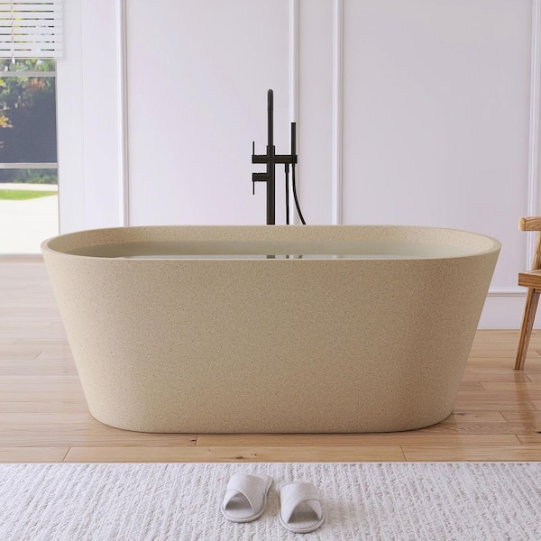 59 in. x 29 in. Terrazzo Stone Solid Surface Flatbottom Freestanding Soaking Bathtub in Beige (Outdoor-Compatible)