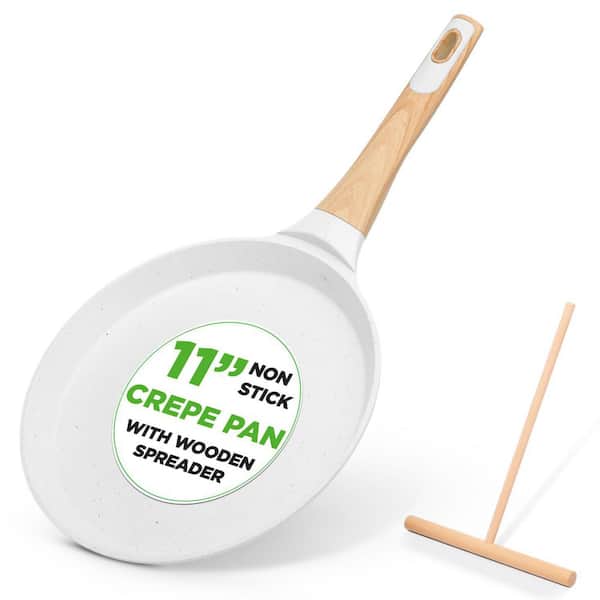 11” Non-Stick Crepe Pan with Wooden Spreader, Bakelite Handle & Induction Bottom (White Cream Marble) - NCMKCP002411WT
