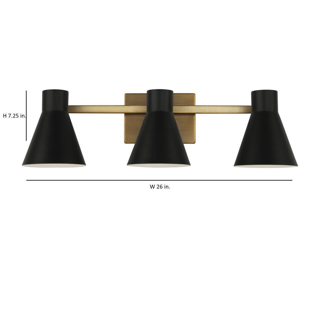 Towner 3-Light Satin Brass and Black Steel Bathroom Vanity Light