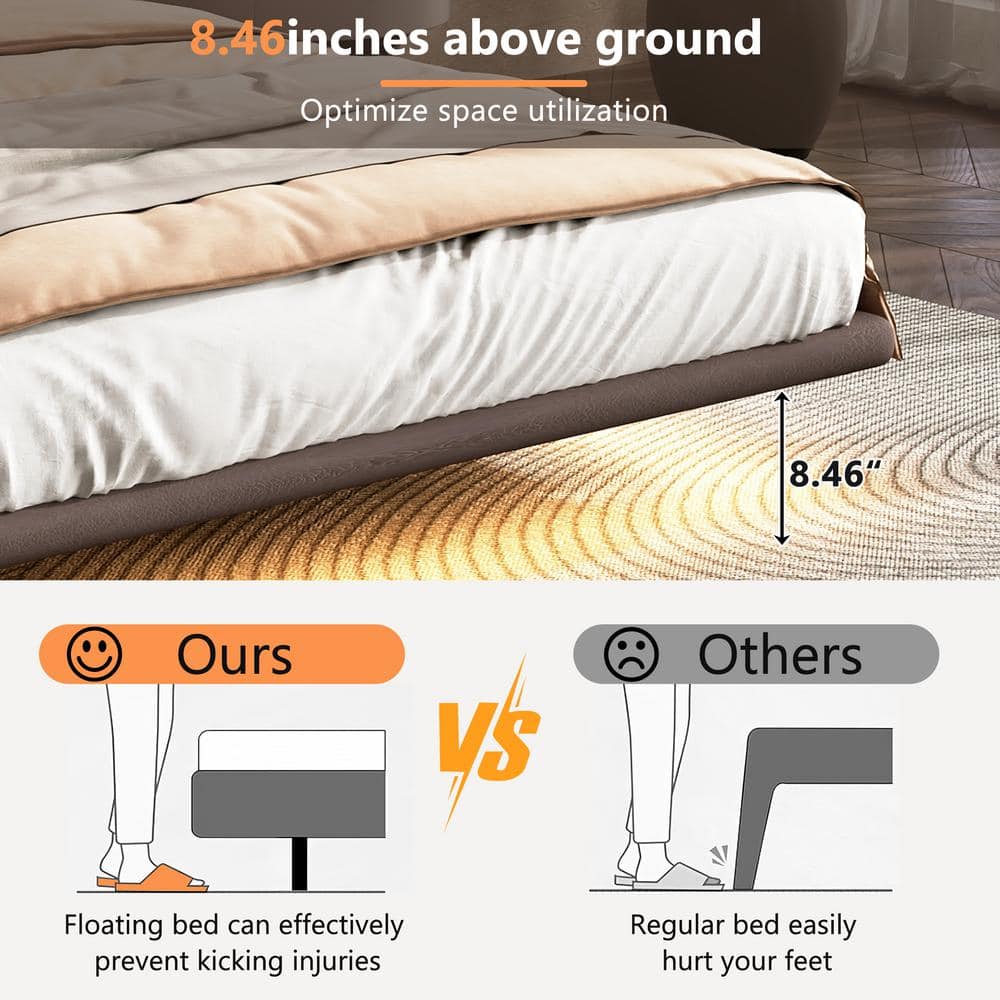 Comparison showing the floating design and ground clearance of the brown bed frame.