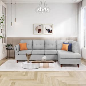 98 in. Gray Square Arm Linen Modern L-Shaped Sofa (4-Seats)