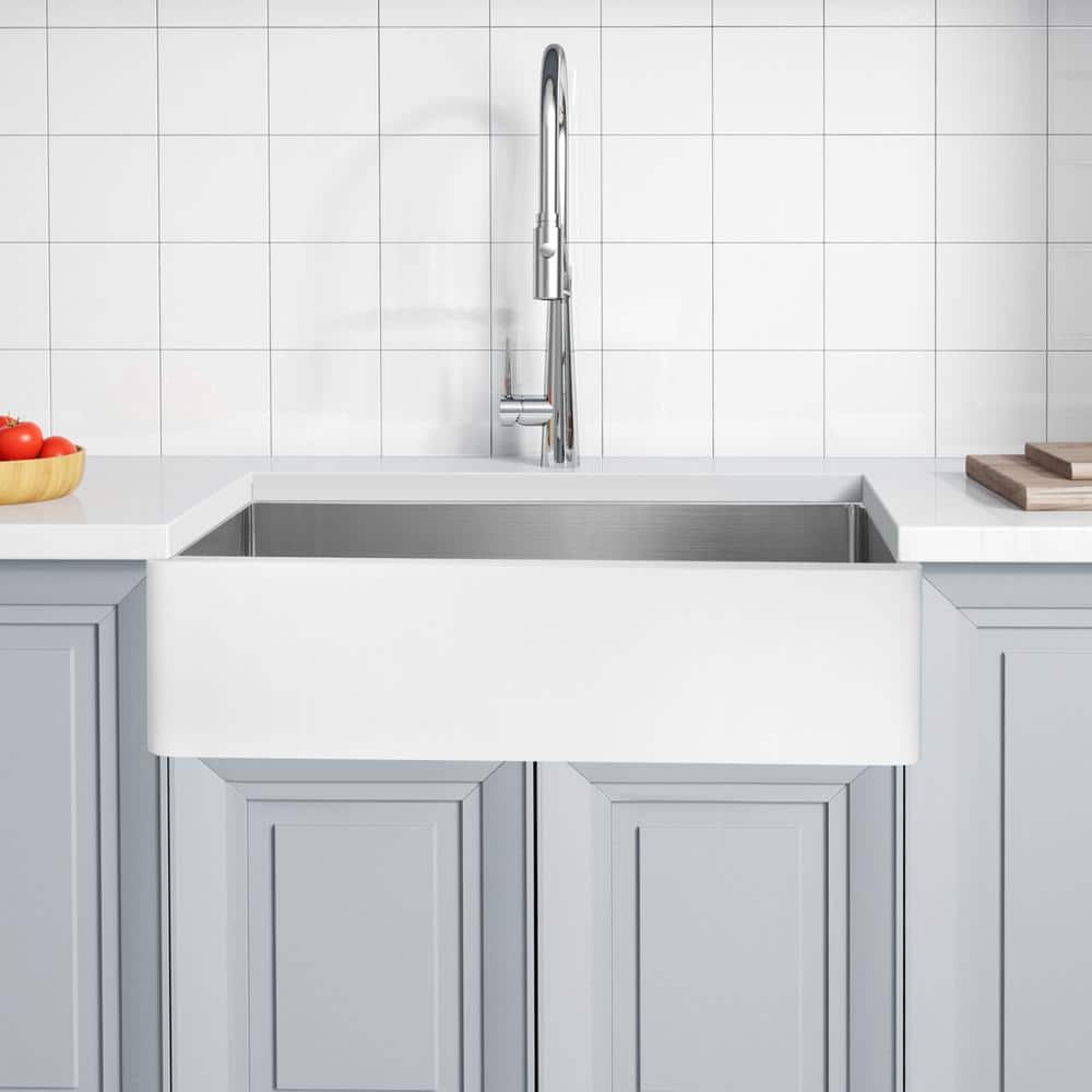 Apollo 36'' White Stone Farmhouse Kitchen Sink with Stainless Steel Interior