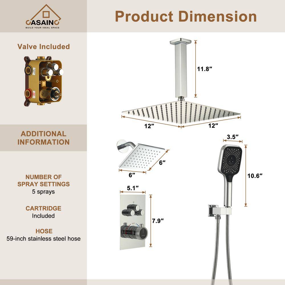 Chrome 12-Inch Dual Shower Head Thermostatic System with Handheld