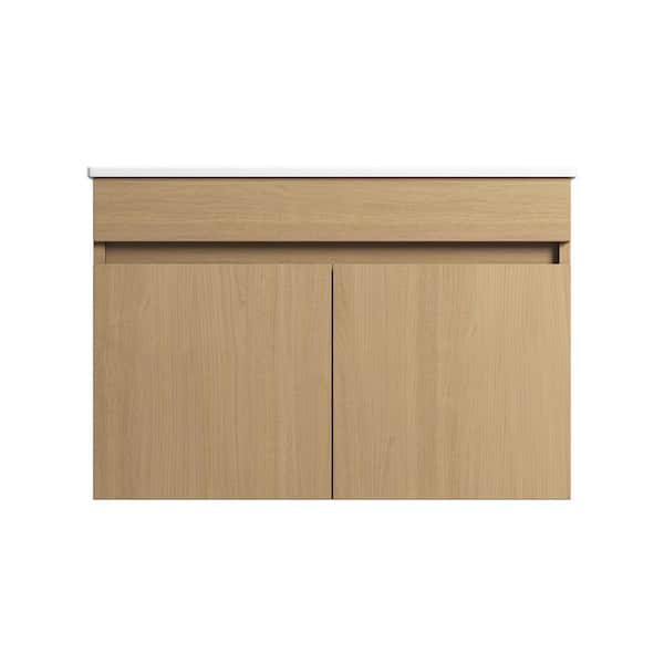 Aoibox 30 in. W x 18 in. D x 20 in. H Wall Mounted Bathroom Vanity in Light Oak with White Ceramic Basin Single sink