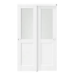 48 in. x 80 in. (Double 24 in.) Primed, White, Solid Core MDF, 1/2 Lite, Frosted Glass Panel Door with Bypass Hardware