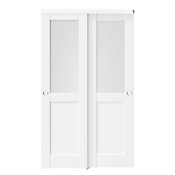 48 in. x 80 in. (Double 24 in.) Primed, White, Solid Core MDF, 1/2 Lite, Frosted Glass Panel Door with Bypass Hardware