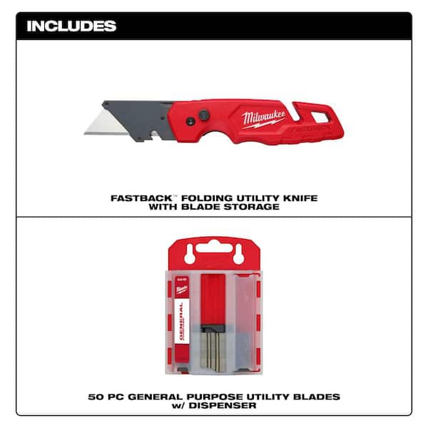 50PC General Purpose Utility Blades w/ Dispenser and FASTBACK Folding Utility Knife with Blade Storage