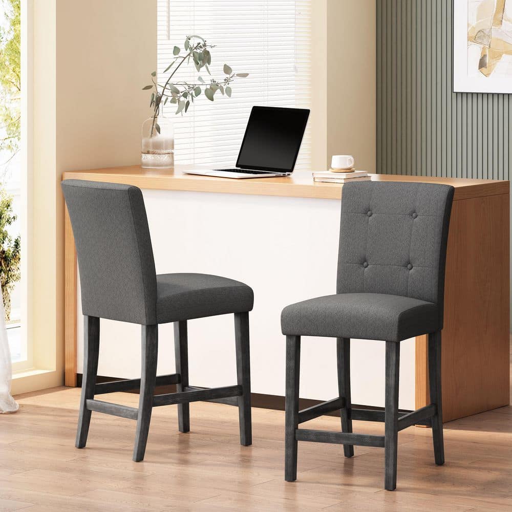 Charcoal and Gray Extra Tall Button Tufted Wood Counter Stools, Set of 2