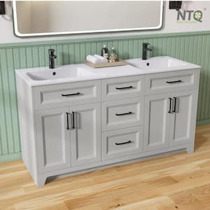 60 in. W x 22 in. D x 34 in. H Double Sink Freestanding Bath Vanity in Gray Bathroom Vanity Cabinet with White Resin Top