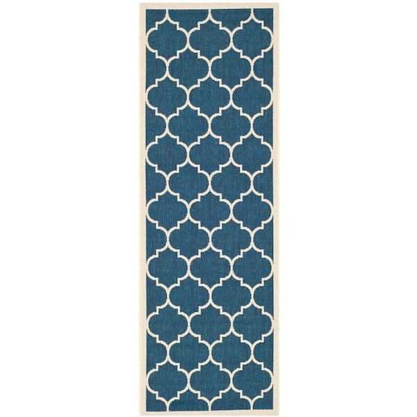 Courtyard Navy/Beige 2 ft. x 18 ft. Moroccan Geometric Indoor/Outdoor Runner Rug