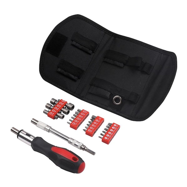 Multi-Bit Ratcheting Screwdriver Set with Carrying Pouch, 3 Position Ratchet, Red (27-Piece Set)