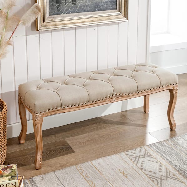 cozyman 45 in. Linen Carving Upholstered Entryway and Bedroom Bench French Vintage Tufted End of Bed Bench for Living Room