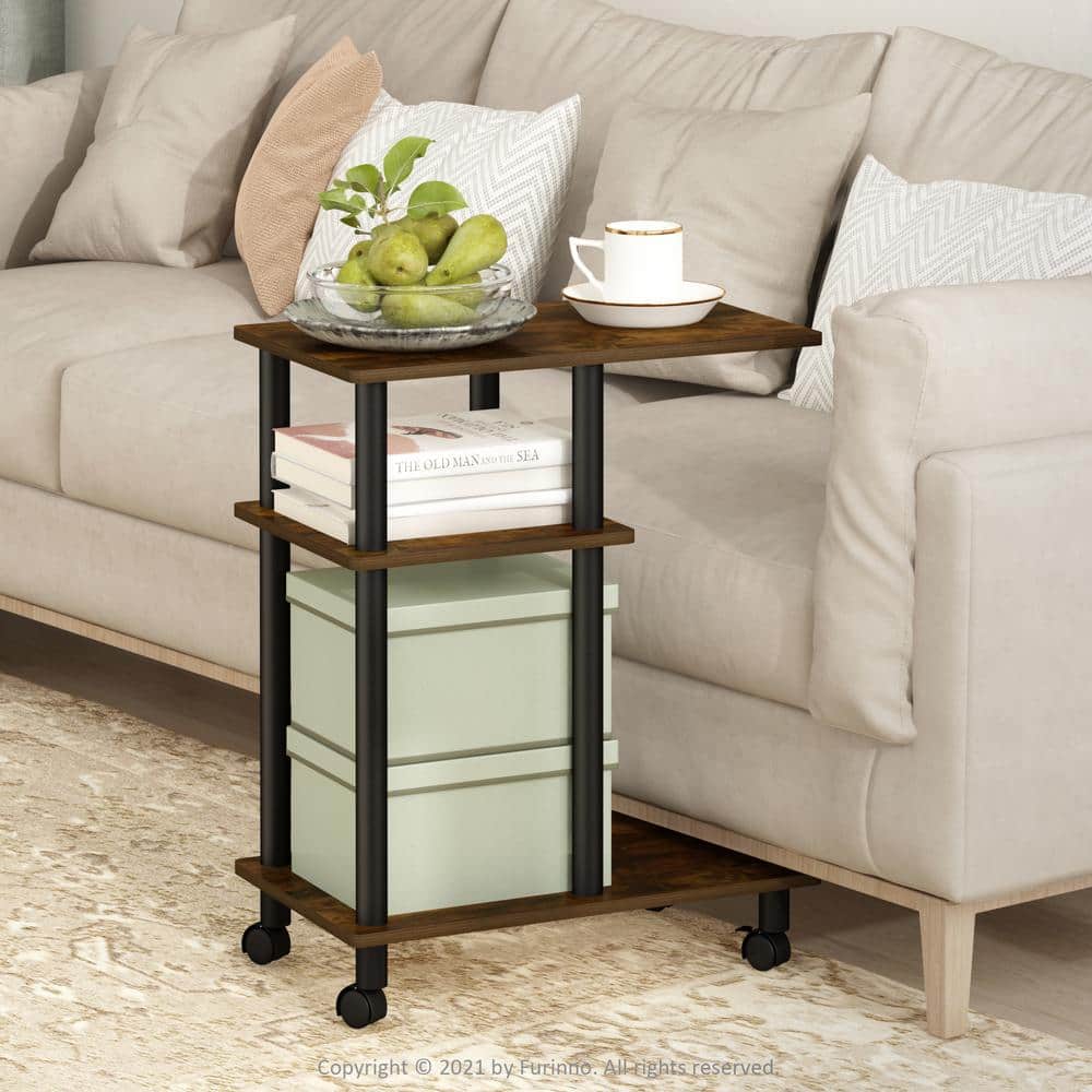 Amber Pine & Black Engineered Wood U-Shaped Side Table on Casters